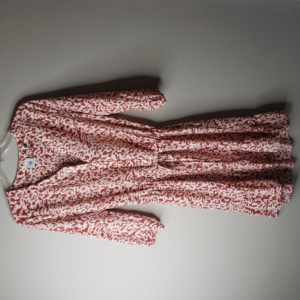 CAbi Sienna Rust and Ivory Animal Print Drawstring Waist Ruffle Trim Dress Med